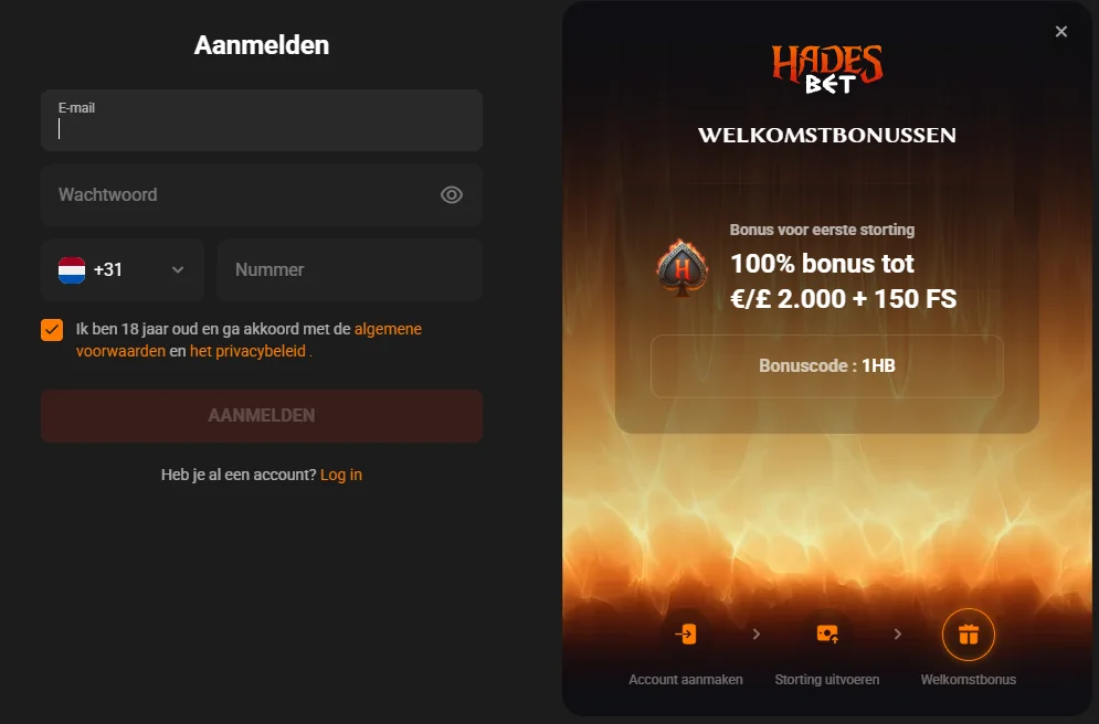Hadesbet Casino aanmeldpagina met welkomstbonus van 100% tot € 2.000 + 150 gratis spins