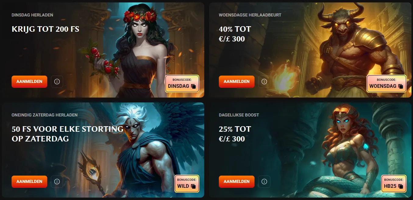 Hadesbet Casino dagelijkse herlaadbonussen met gratis spins en stortingsbonussen op verschillende dagen