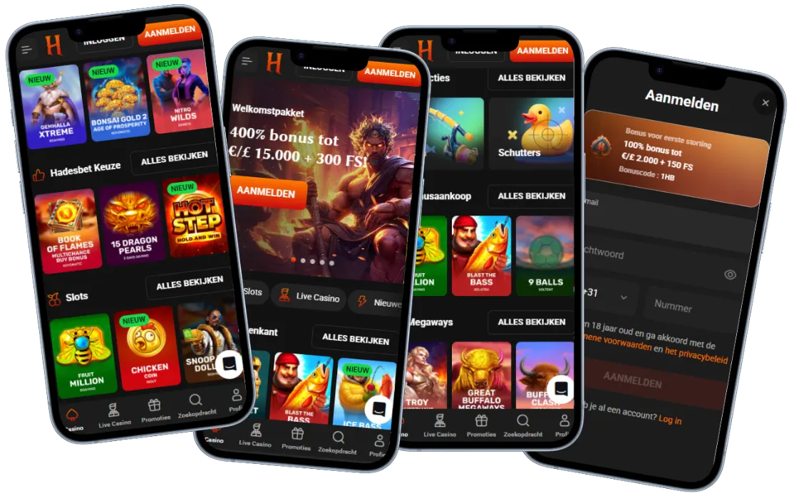 Hadesbet Casino mobiele app lobby met spellen, welkomstbonus en registratie schermen op verschillende apparaten