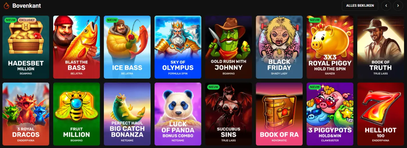 Hadesbet Casino spellen lobby met top slots zoals Book of Ra, Sweet Bonanza en andere populaire casinospellen